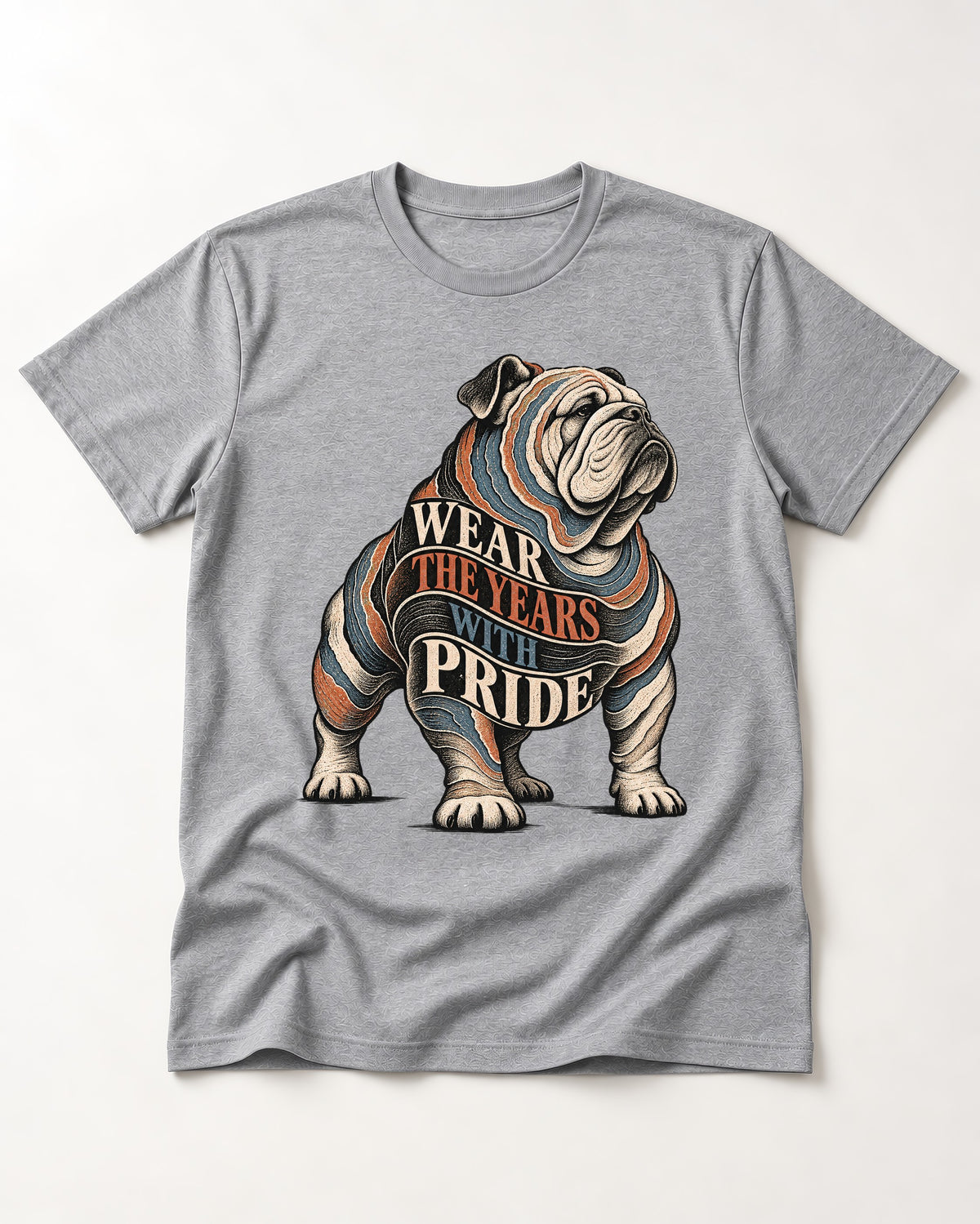 English Bulldog Wear the Years T-Shirt in Sport Grey, flat lay product photo