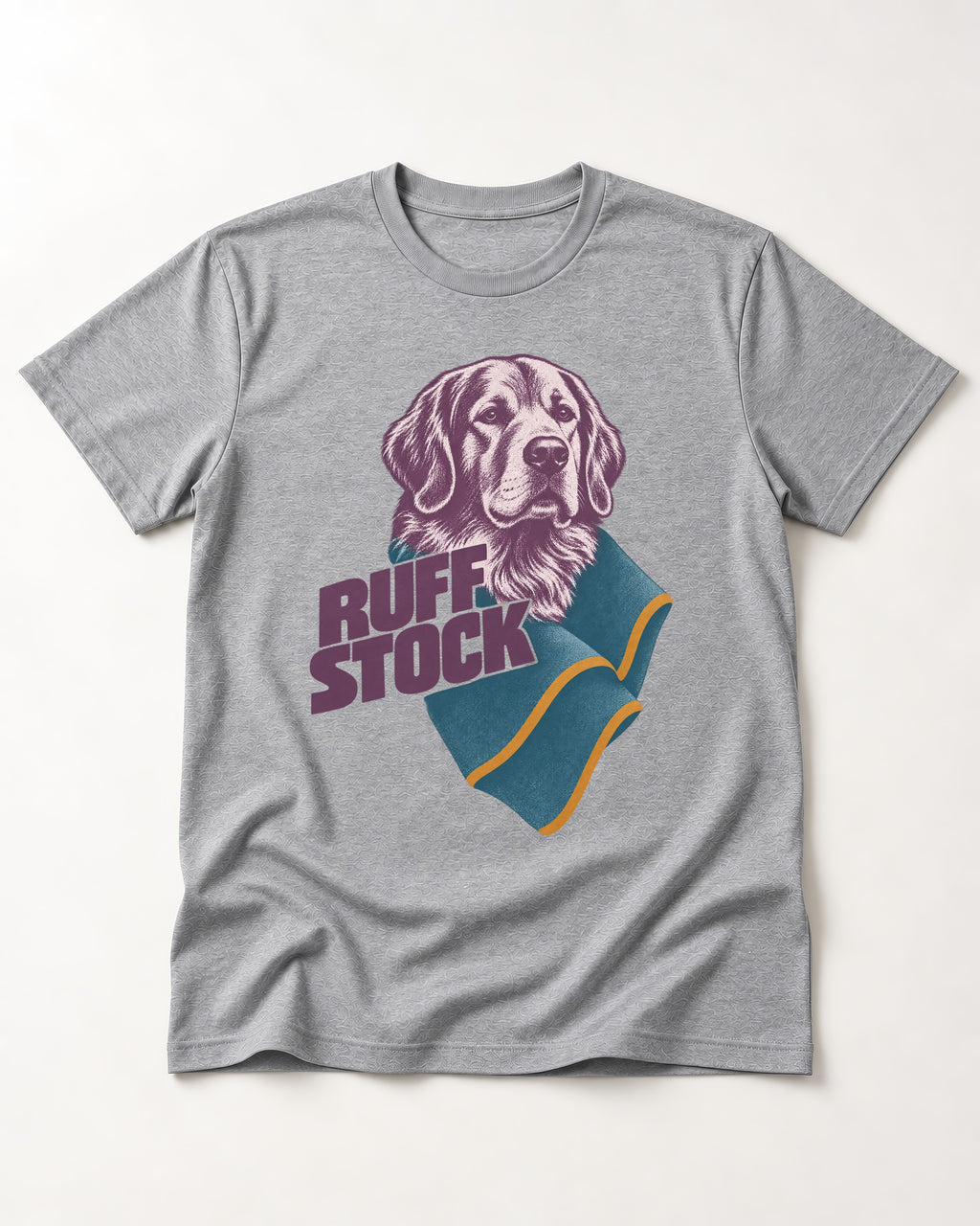 Golden Retriever Ruff Stock T-Shirt in Sport Grey, flat lay product photo
