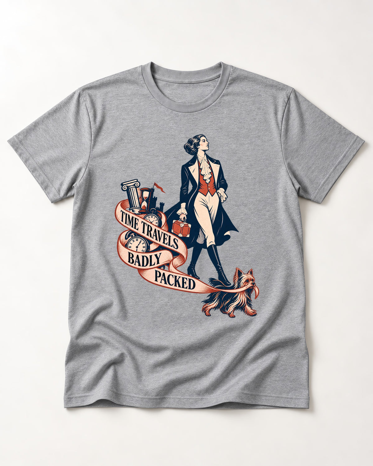 Time Travels Badly Packed Yorkshire Terrier T-Shirt in Sport Grey, flat lay product photo