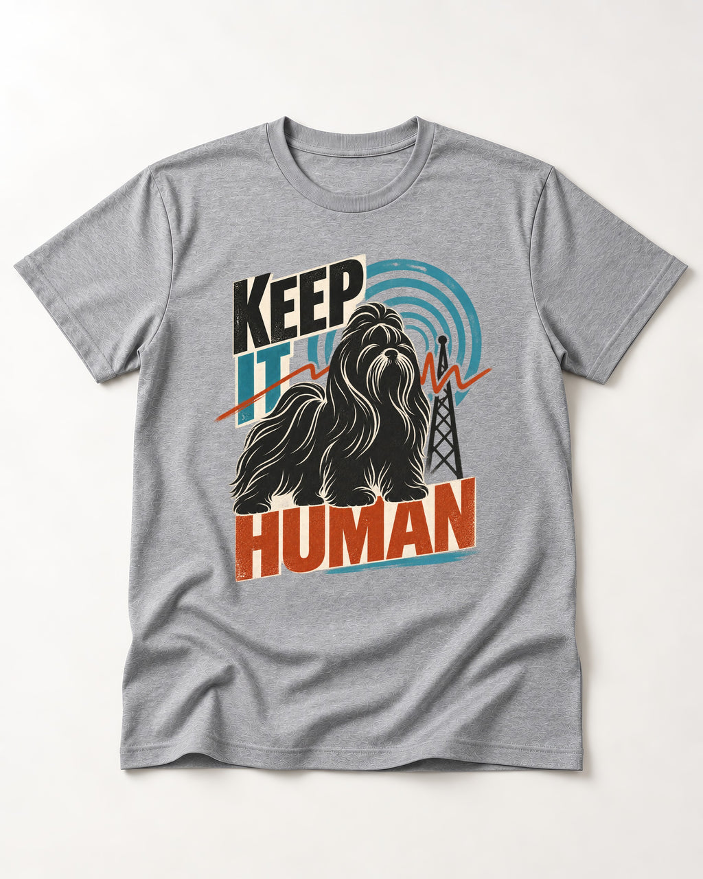 Shih Tzu Keep It Human Radio Signal Graphic T-Shirt in Sport Grey, flat lay product photo