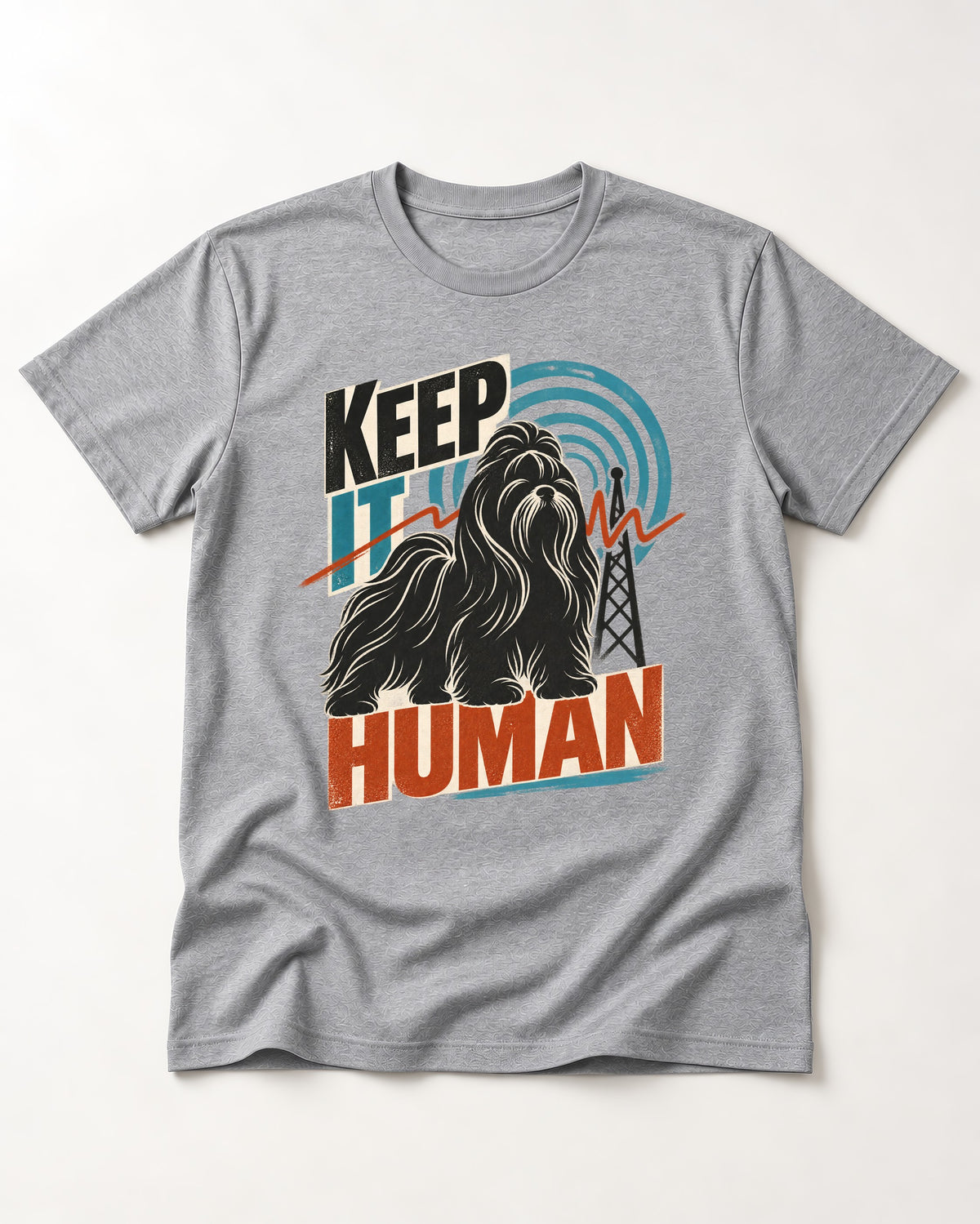 Shih Tzu Keep It Human Radio Signal Graphic T-Shirt in Sport Grey, flat lay product photo