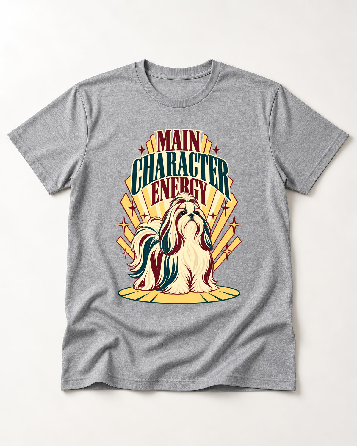 Shih Tzu Main Character Energy Art Deco Graphic T-Shirt in Sport Grey, flat lay product photo