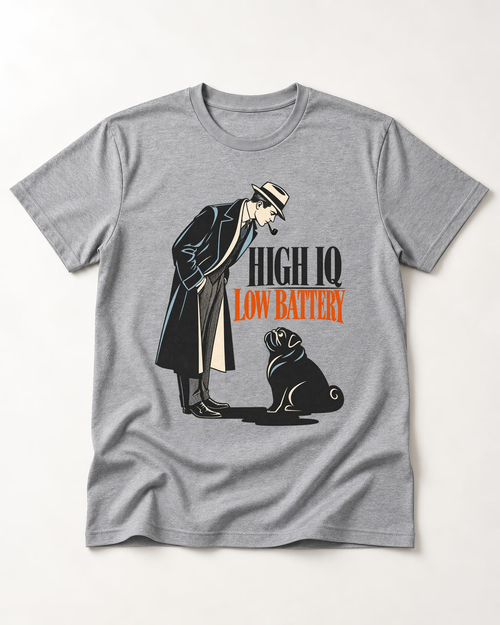 High Iq Low Battery Pug T-Shirt in Sport Grey, flat lay product photo