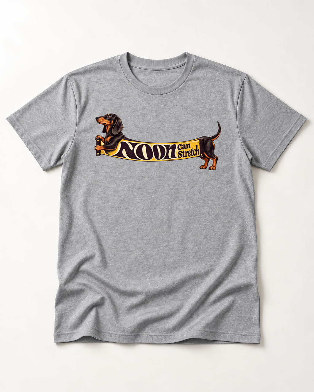 Dachshund Noon Can Stretch Sign Graphic T-Shirt in Sport Grey, flat lay product photo