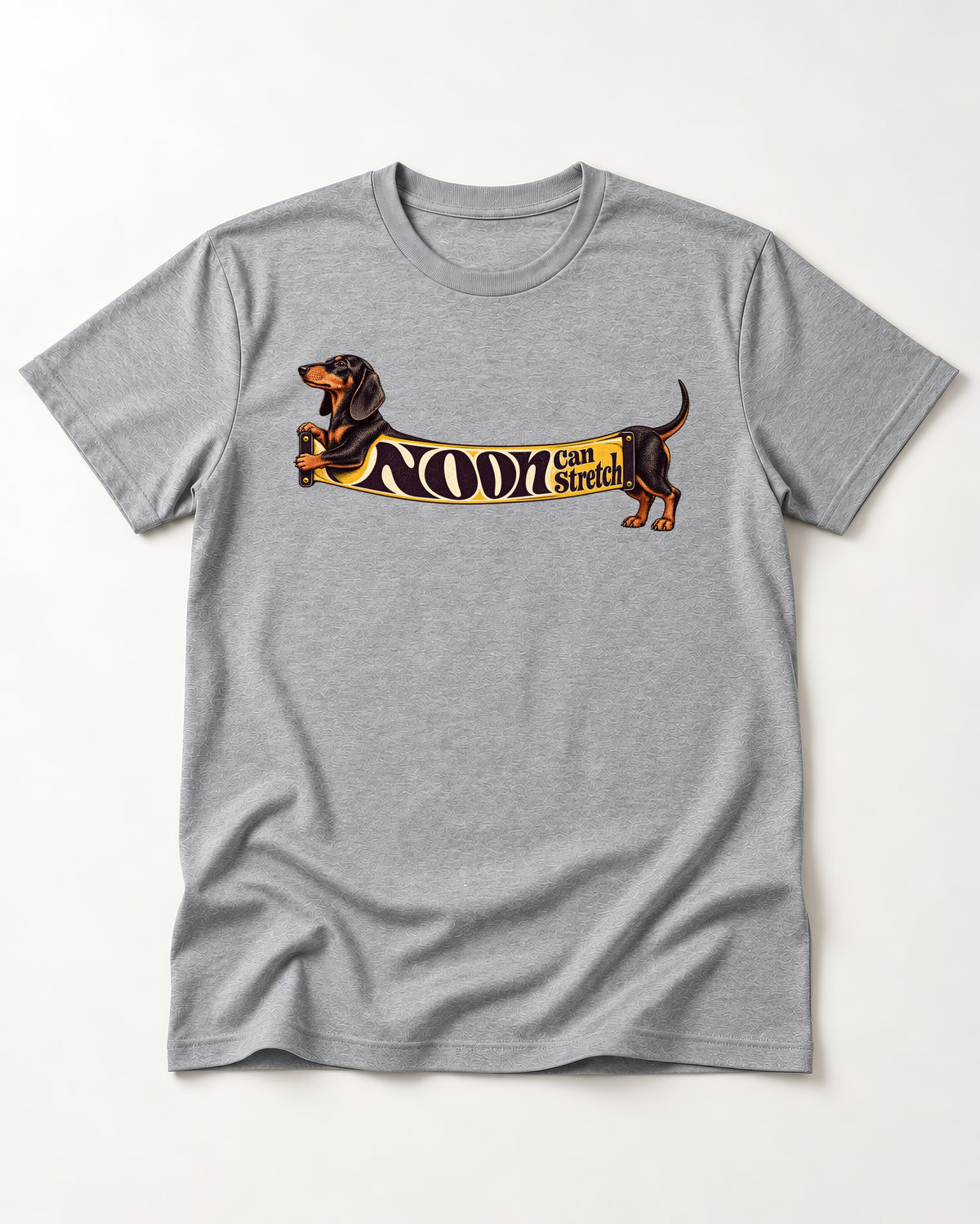 Dachshund Noon Can Stretch Sign Graphic T-Shirt in Sport Grey, flat lay product photo
