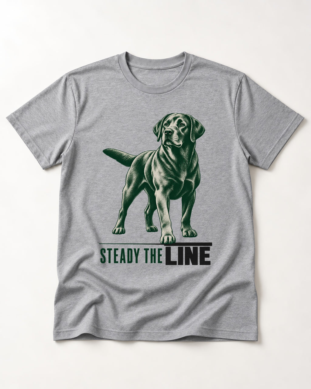 Steady the Line Labrador Retriever T-Shirt in Sport Grey, flat lay product photo