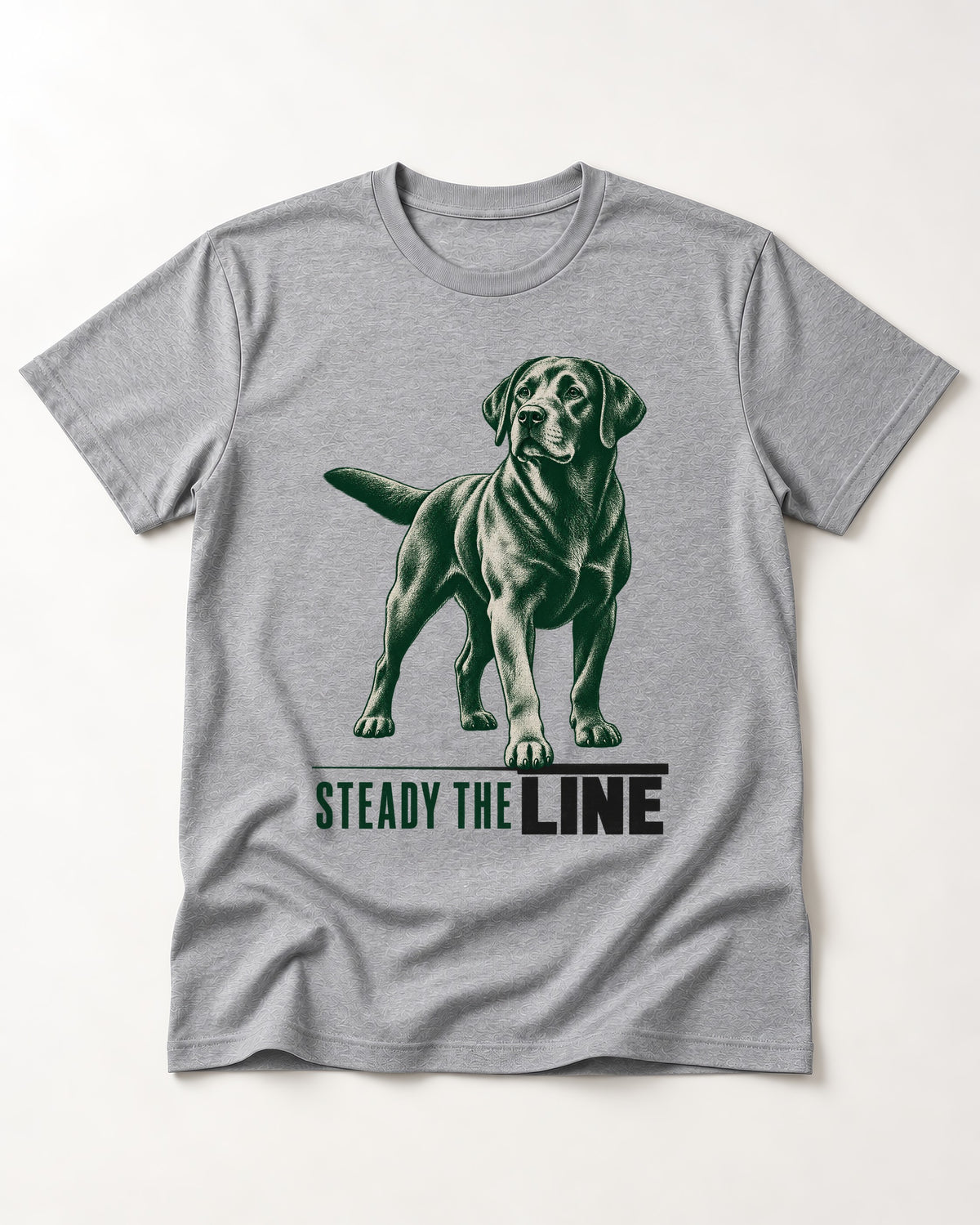 Steady the Line Labrador Retriever T-Shirt in Sport Grey, flat lay product photo