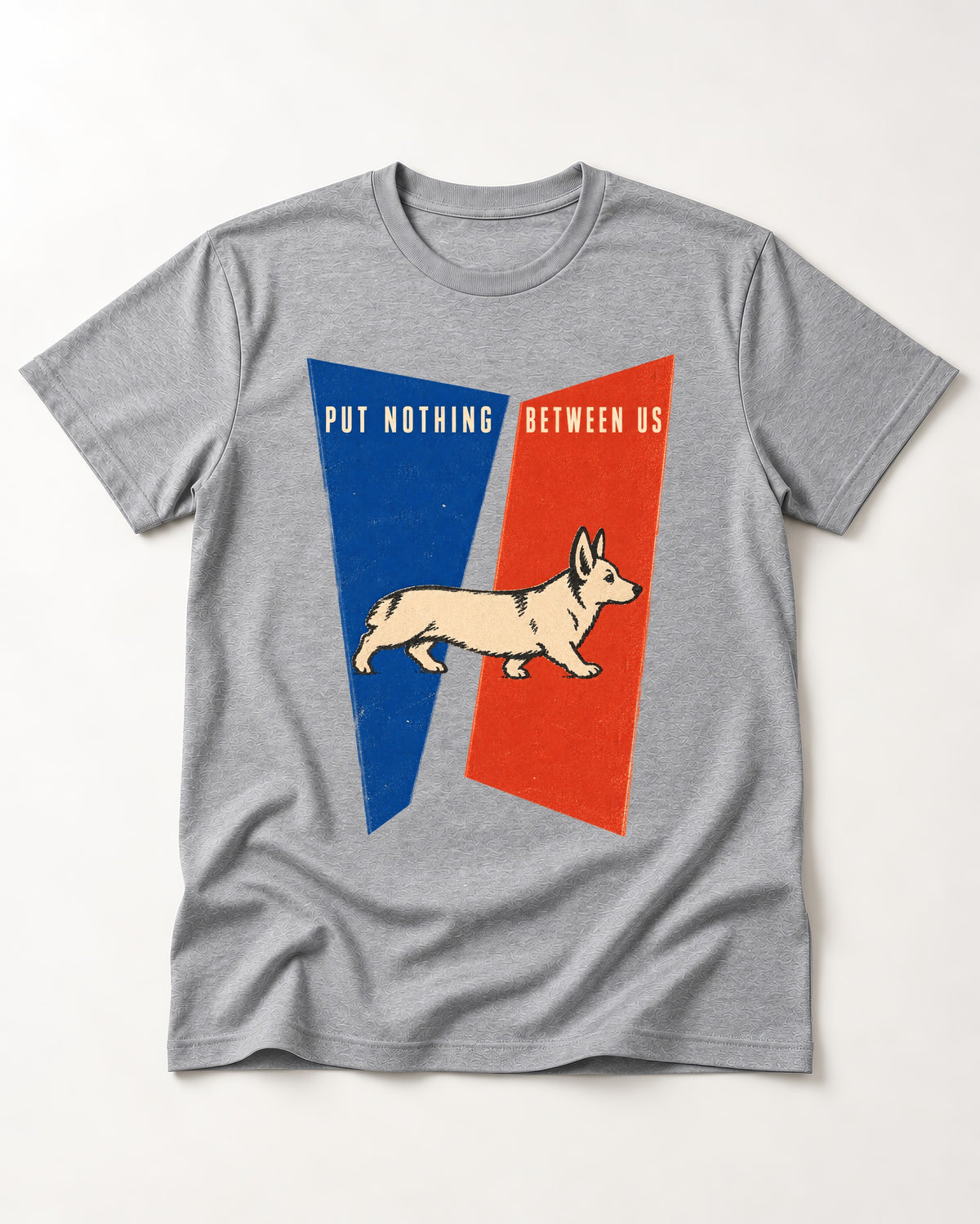 Corgi Put Nothing Between Us Split Panels T-Shirt in Sport Grey, flat lay product photo