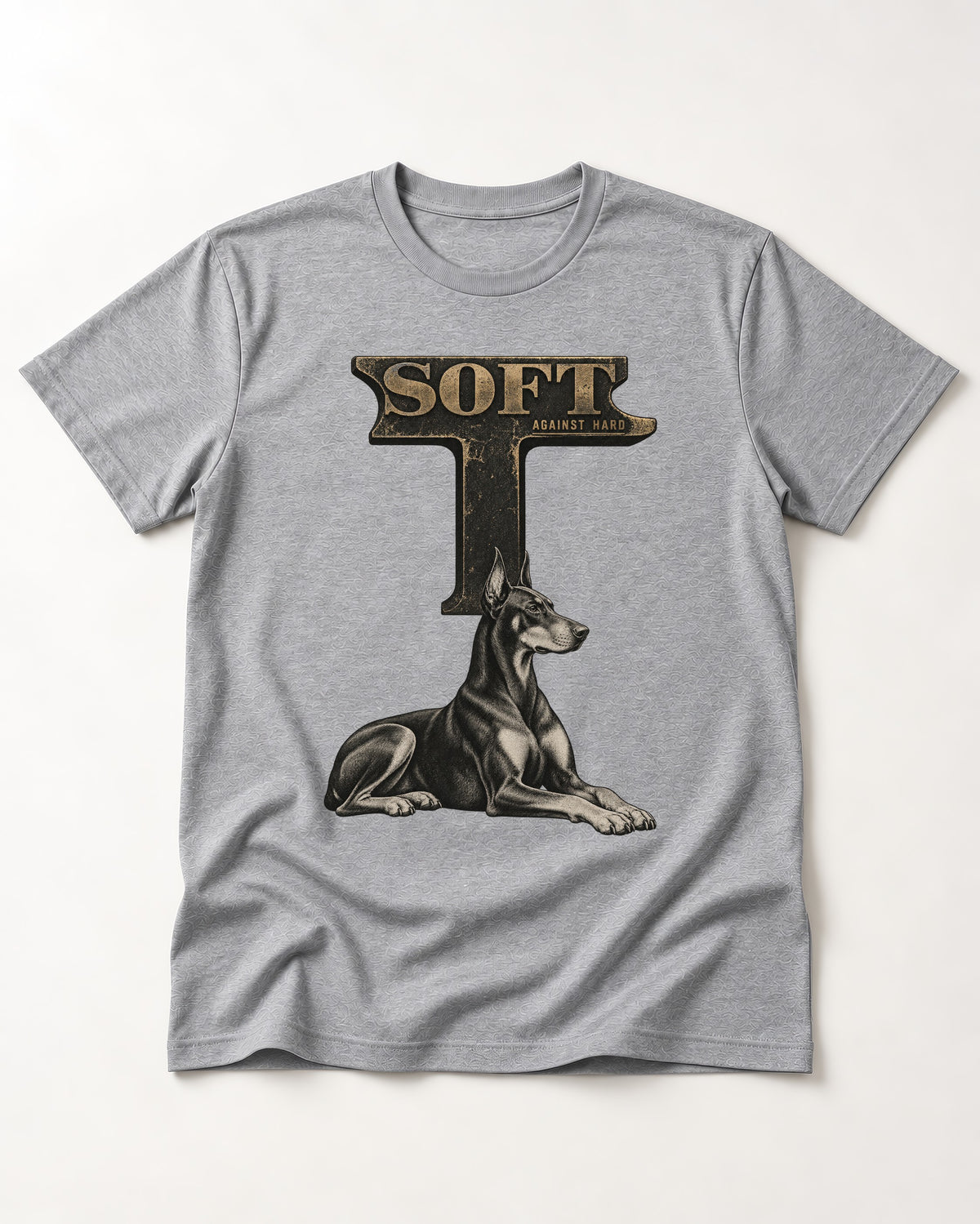 Soft Against Hard Doberman T-Shirt in Sport Grey, flat lay product photo