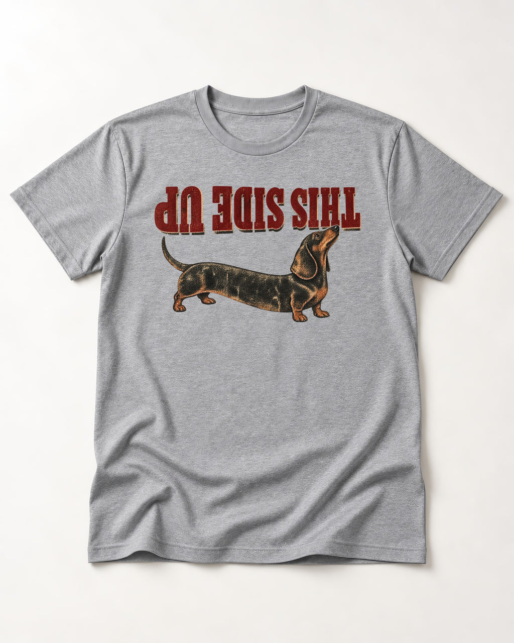 This Side Up Dachshund T-Shirt in Sport Grey, flat lay product photo