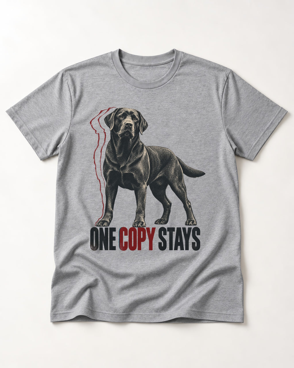 One Copy Stays Labrador Retriever T-Shirt in Sport Grey, flat lay product photo