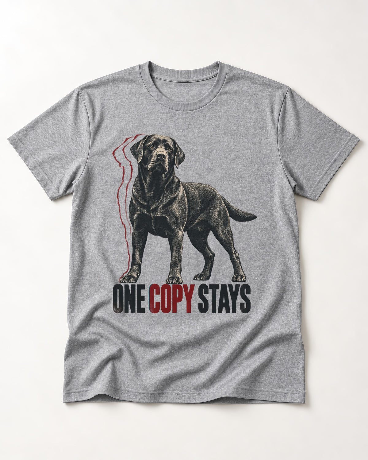 One Copy Stays Labrador Retriever T-Shirt in Sport Grey, flat lay product photo