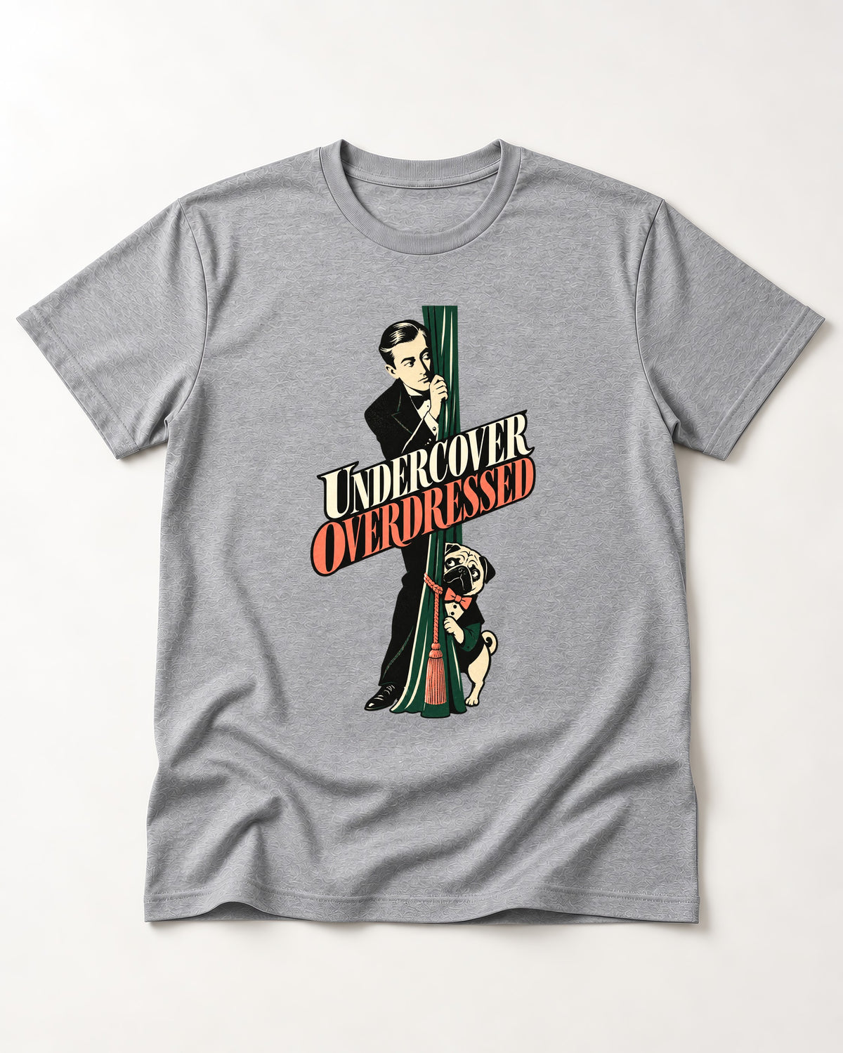 Undercover Overdressed Pug T-Shirt in Sport Grey, flat lay product photo