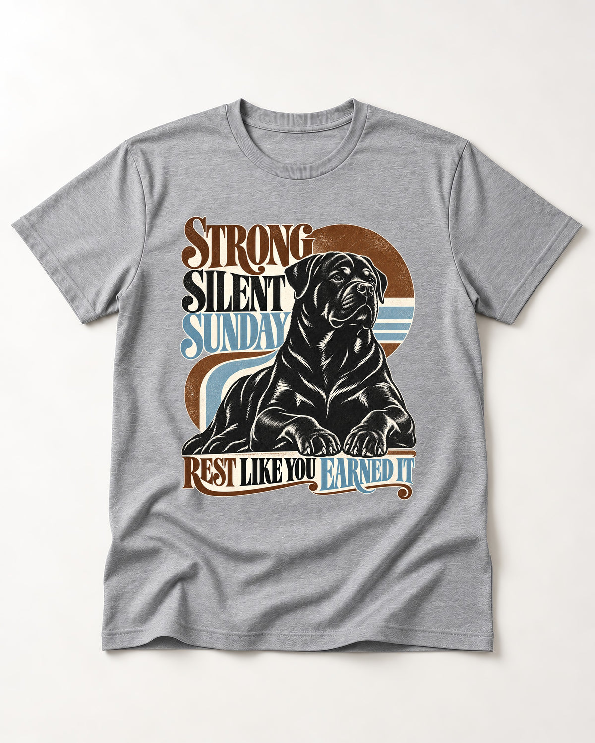 Strong Silent Sunday Rottweiler T-Shirt in Sport Grey, flat lay product photo