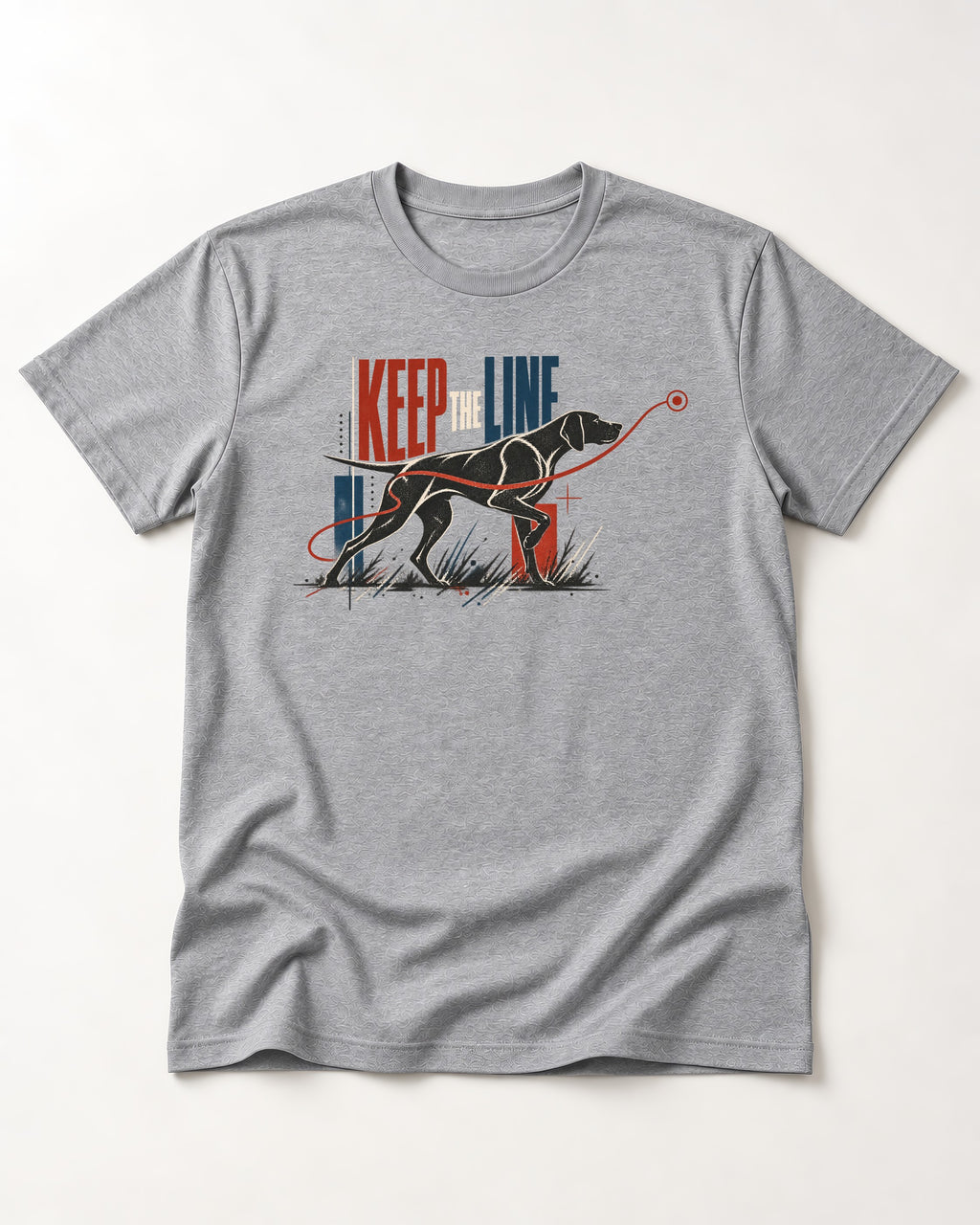 Keep the Line German Shorthaired Pointer T-Shirt in Sport Grey, flat lay product photo
