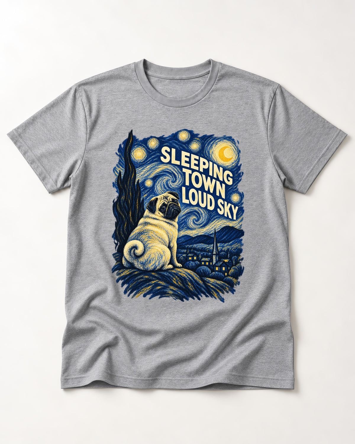 Pug Sleeping Town Loud Sky Starry Night Graphic T-Shirt in Sport Grey, flat lay product photo