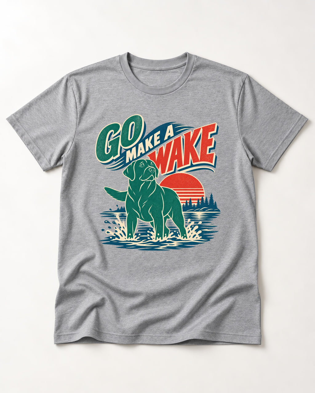 Labrador Retriever Go Make a Wake Lake Graphic T-Shirt in Sport Grey, flat lay product photo