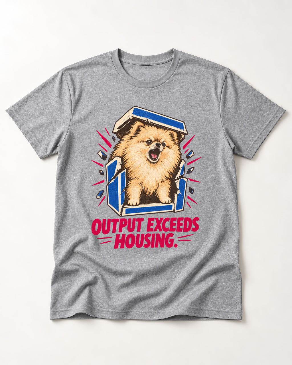 Pomeranian Output Exceeds Housing Bark Compression Graphic T-Shirt in Sport Grey, flat lay product photo