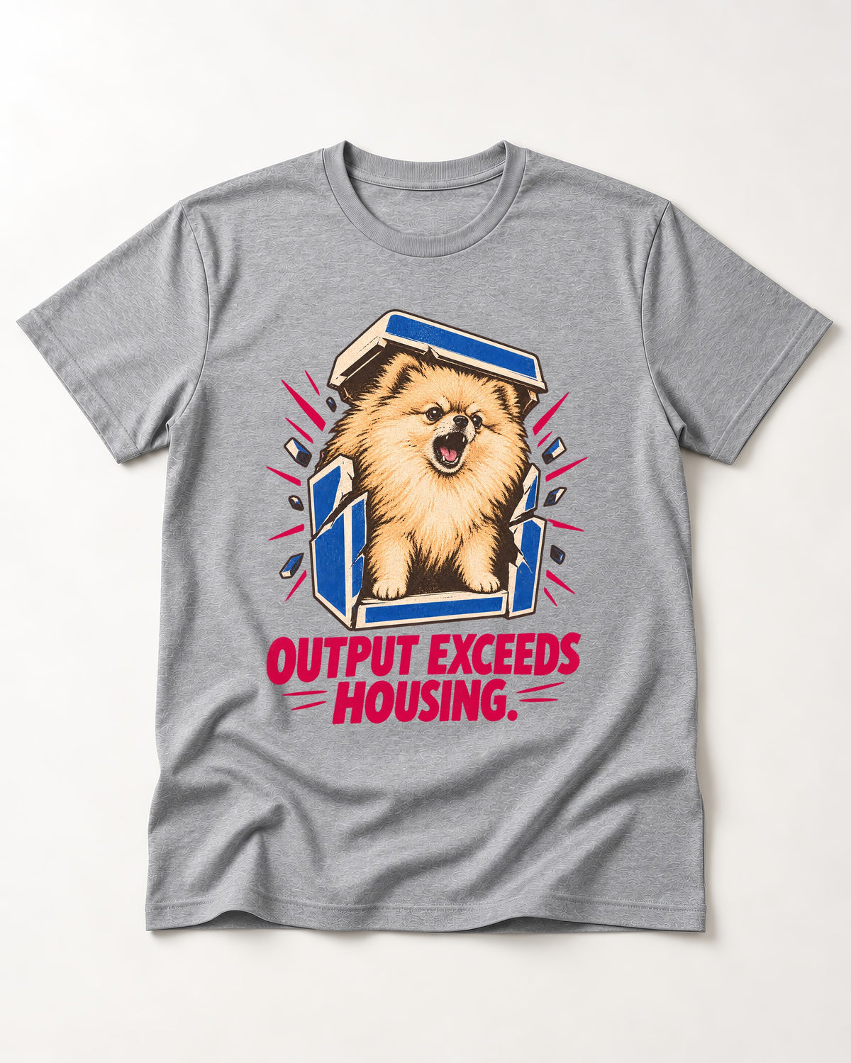 Pomeranian Output Exceeds Housing Bark Compression Graphic T-Shirt in Sport Grey, flat lay product photo