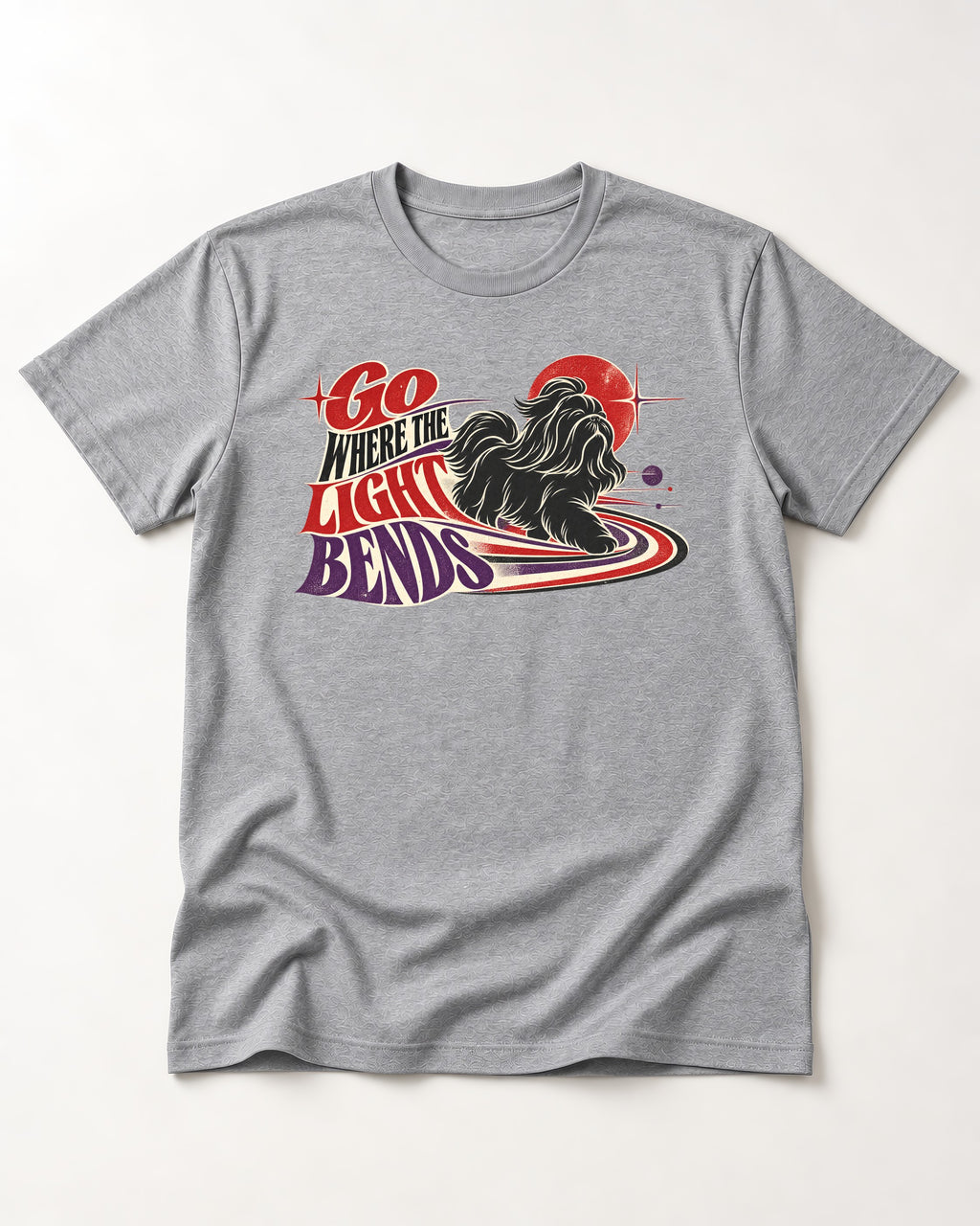Shih Tzu Go Where the Light Bends Cosmic Orbit Graphic T-Shirt in Sport Grey, flat lay product photo
