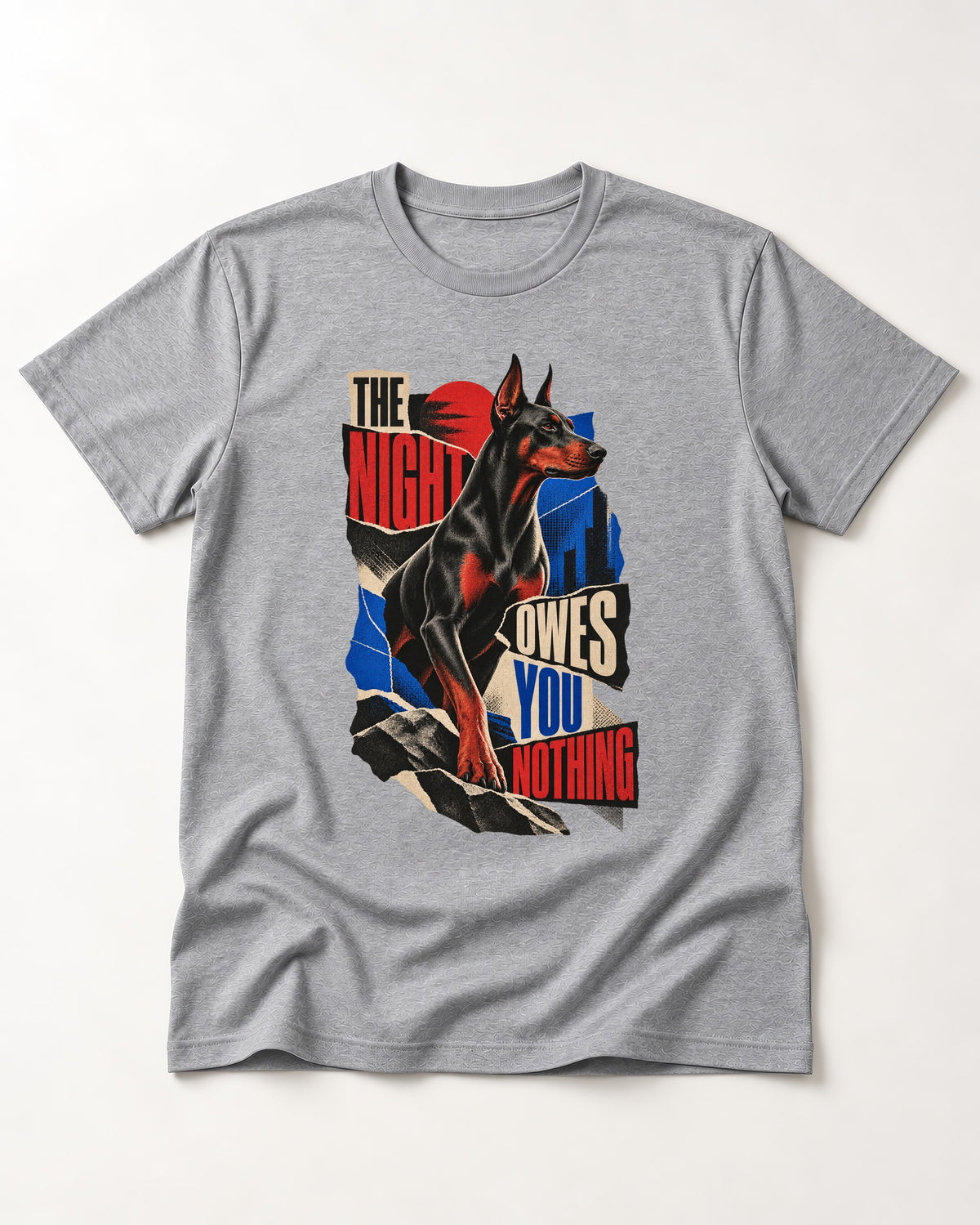 Night Owes You Nothing Doberman T-Shirt in Sport Grey, flat lay product photo