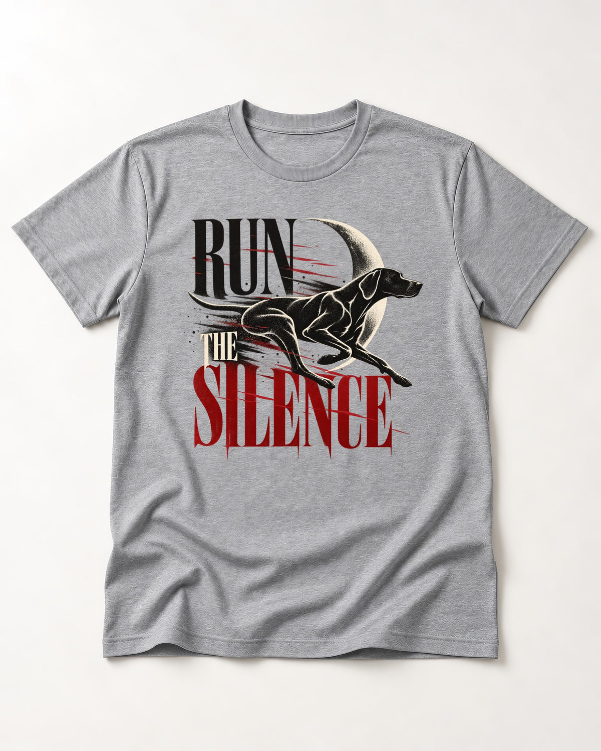Run the Silence German Shorthaired Pointer T-Shirt in Sport Grey, flat lay product photo