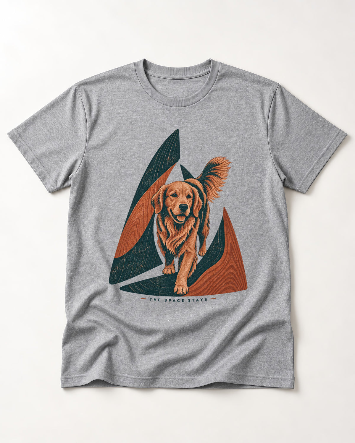 The Golden Retriever Space Stays T-Shirt in Sport Grey, flat lay product photo