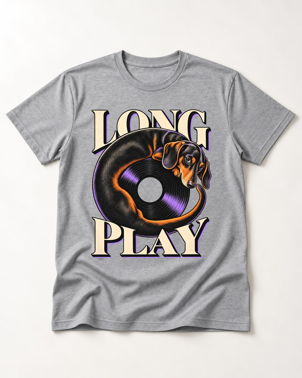 Dachshund Long Play Vinyl Record Graphic T-Shirt in Sport Grey, flat lay product photo