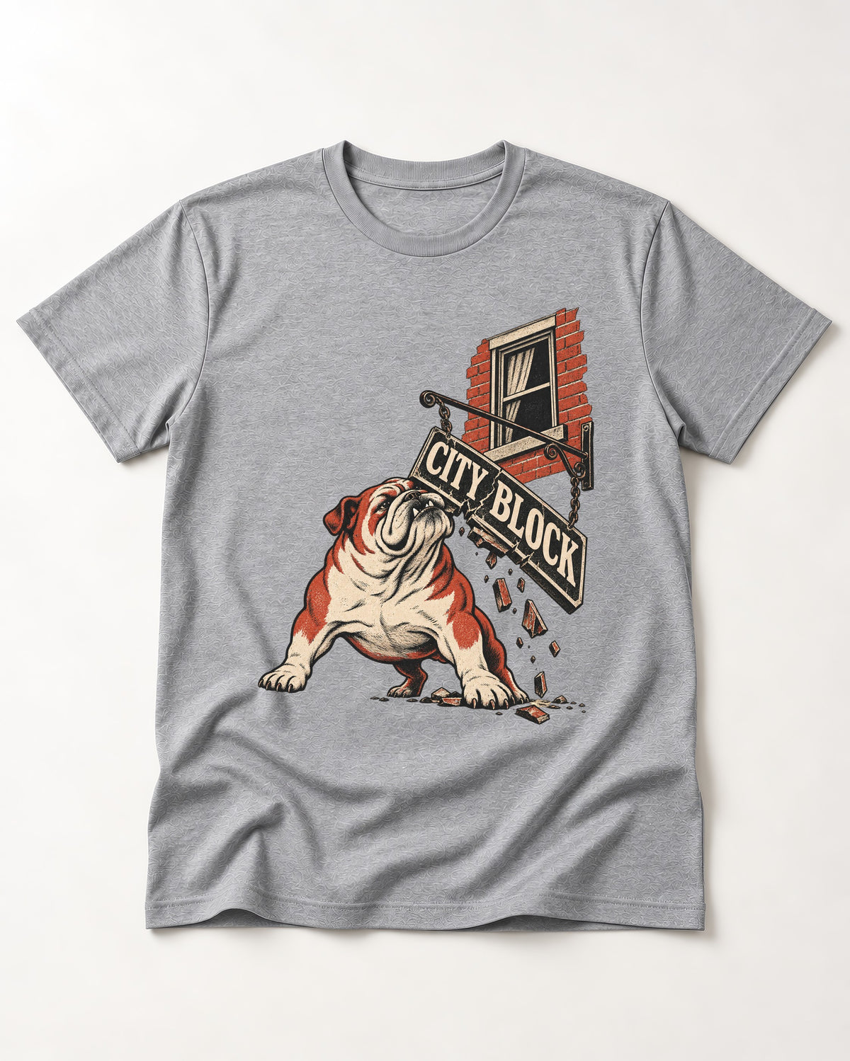 English Bulldog City Block Breaking Sign Graphic T-Shirt in Sport Grey, flat lay product photo
