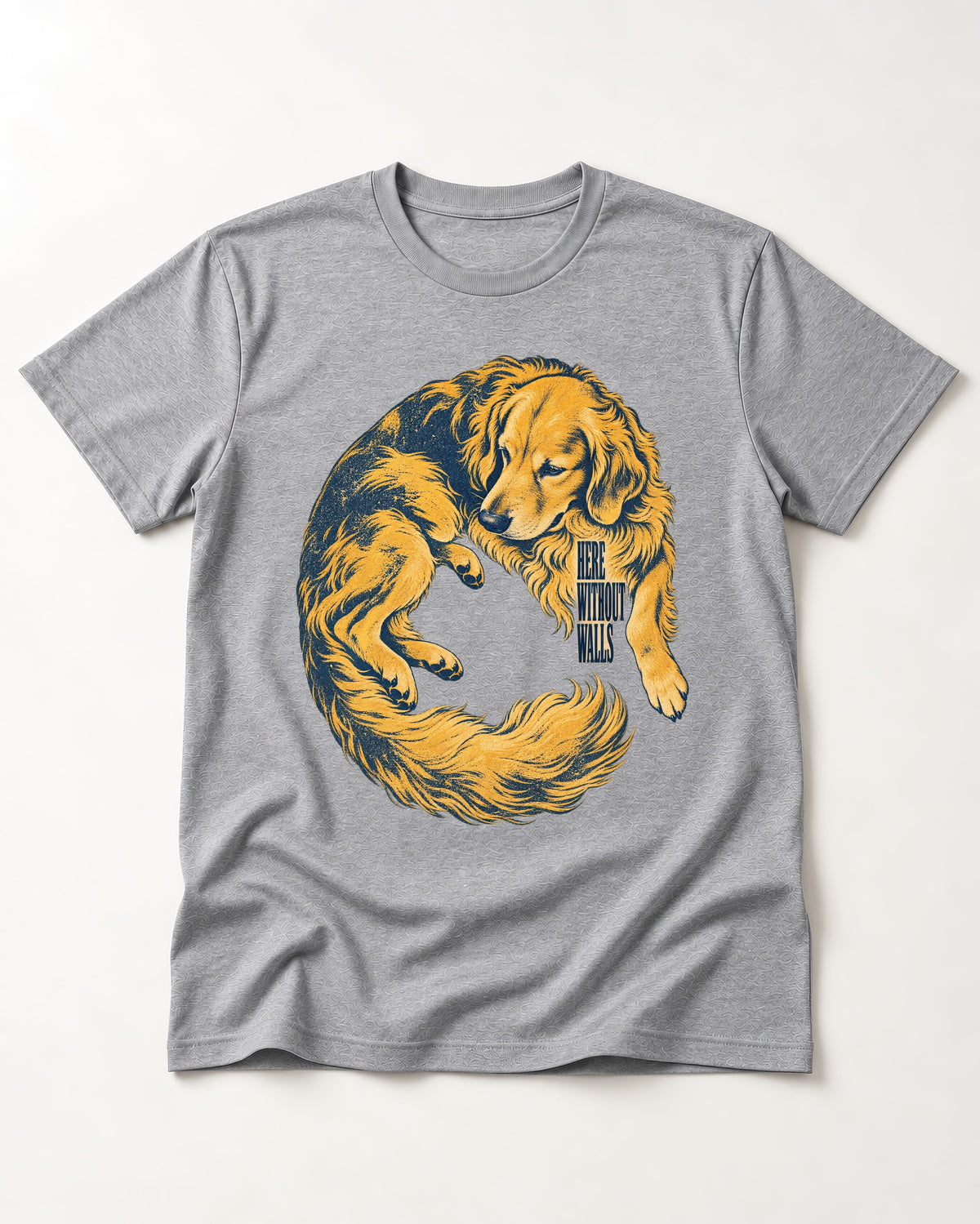 Golden Retriever Here Without Walls Curled Portrait Graphic T-Shirt in Sport Grey, flat lay product photo