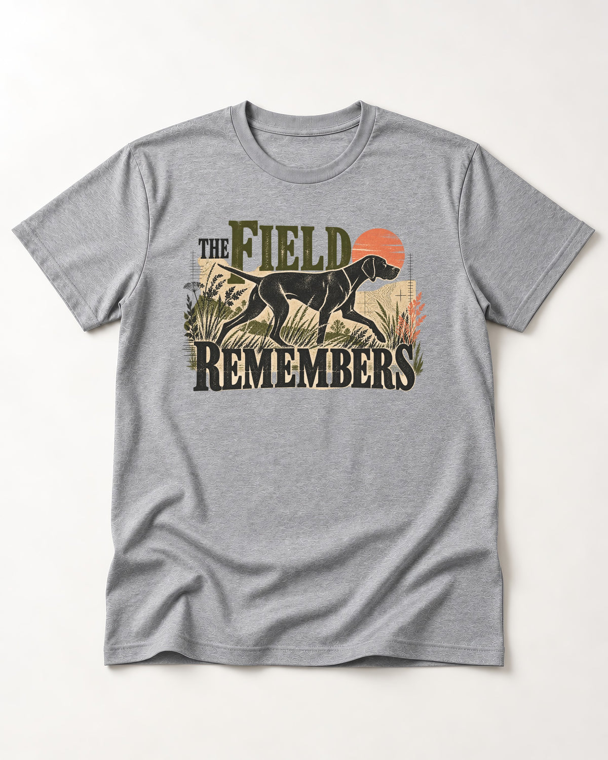 The Field Remembers German Shorthaired Pointer T-Shirt in Sport Grey, flat lay product photo