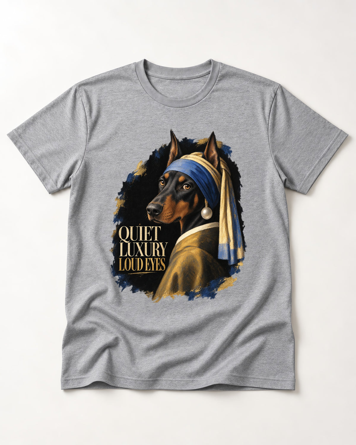 Doberman Quiet Luxury Loud Eyes Pearl Portrait Graphic T-Shirt in Sport Grey, flat lay product photo