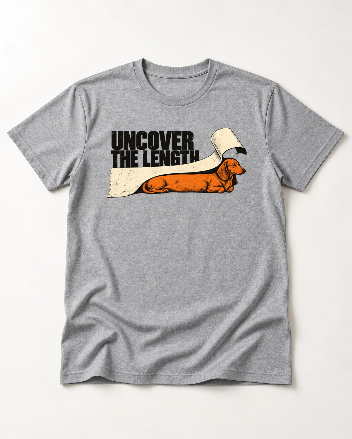 Uncover the Dachshund Length T-Shirt in Sport Grey, flat lay product photo