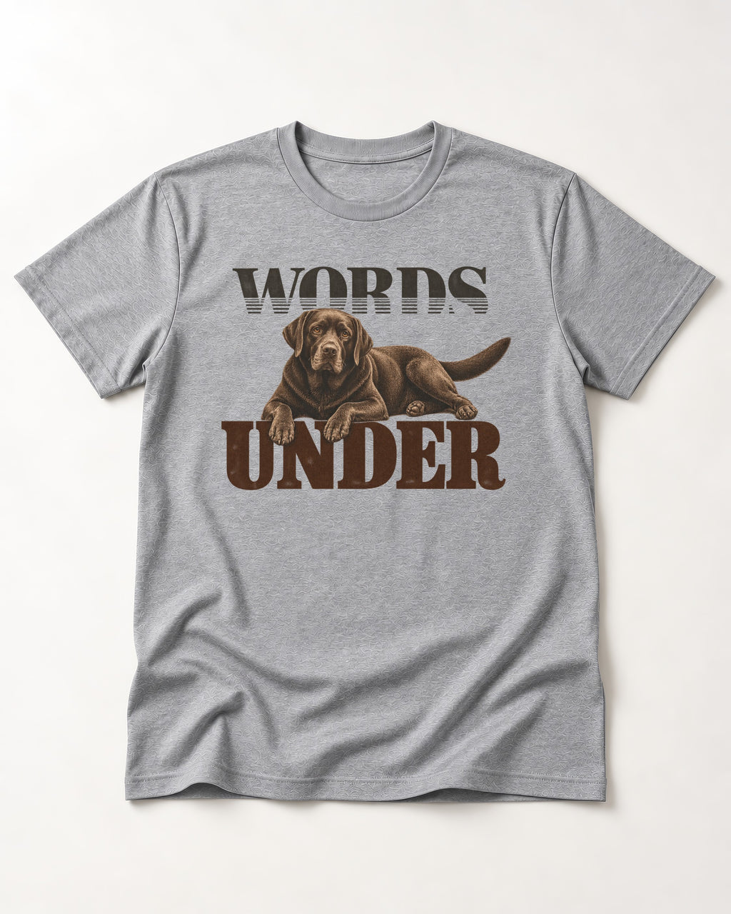 Words Under Labrador Retriever T-Shirt in Sport Grey, flat lay product photo