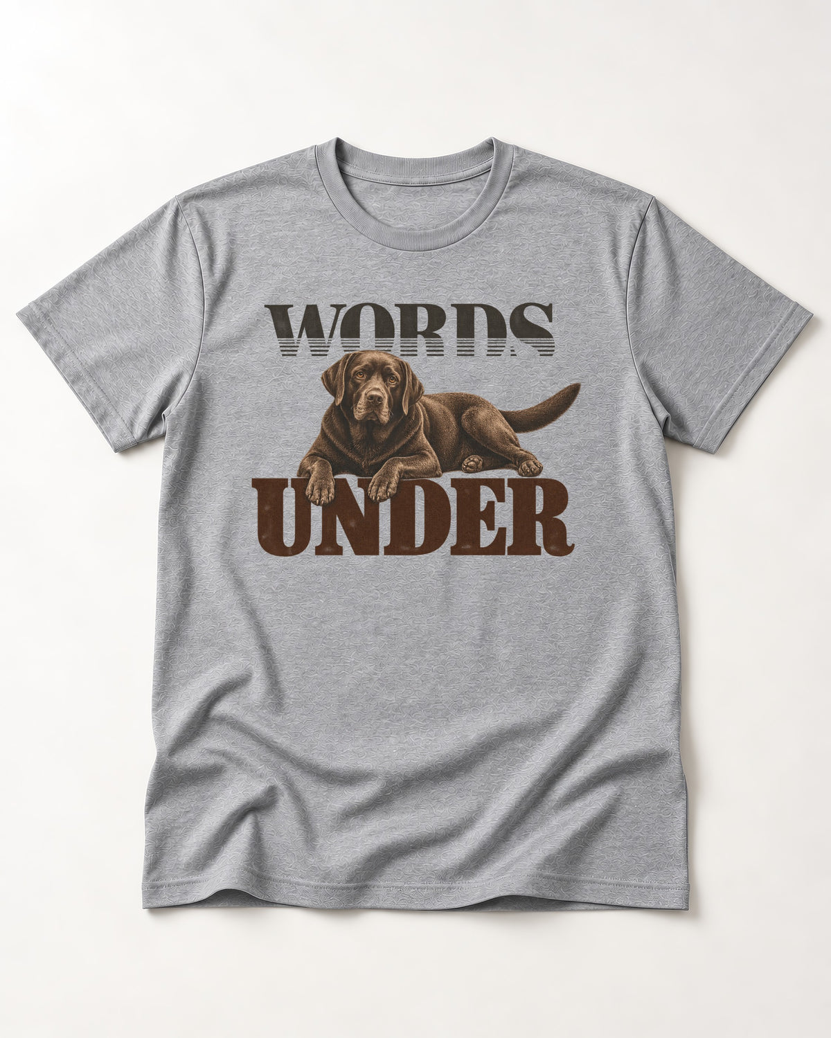 Words Under Labrador Retriever T-Shirt in Sport Grey, flat lay product photo