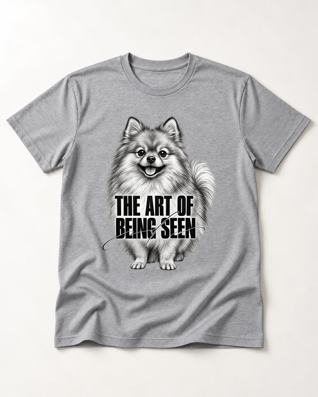Pomeranian The Art of Being Seen Portrait Graphic T-Shirt in Sport Grey, flat lay product photo