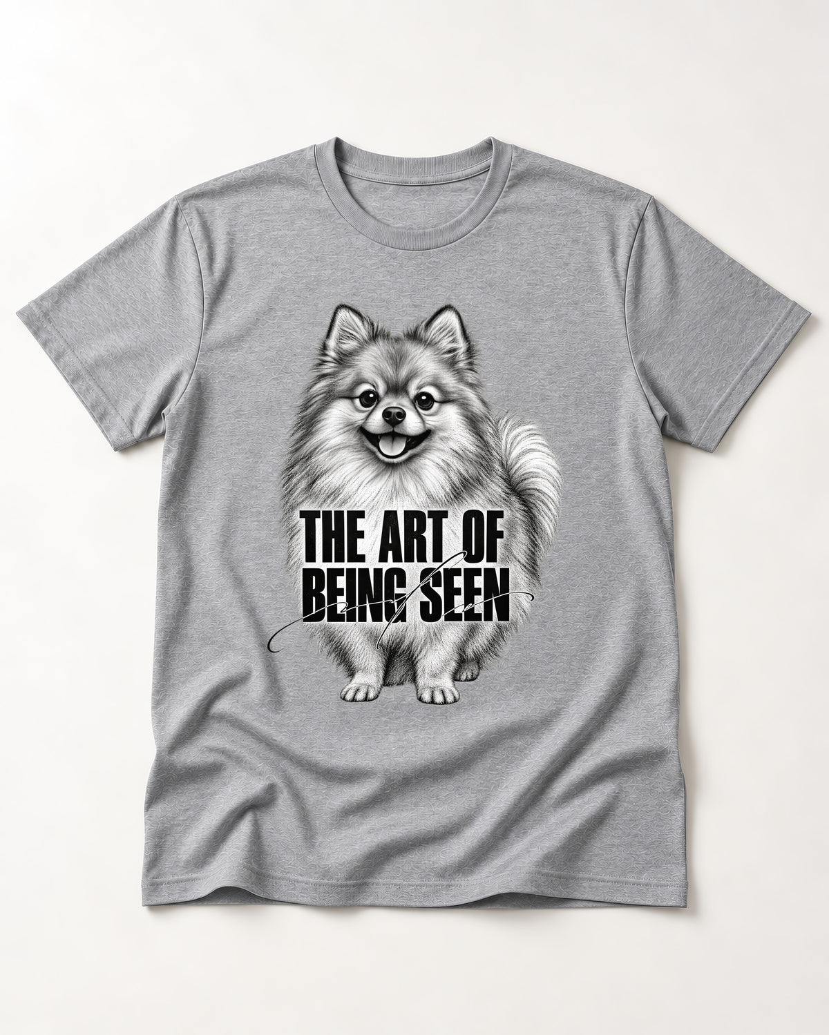 Pomeranian The Art of Being Seen Portrait Graphic T-Shirt in Sport Grey, flat lay product photo
