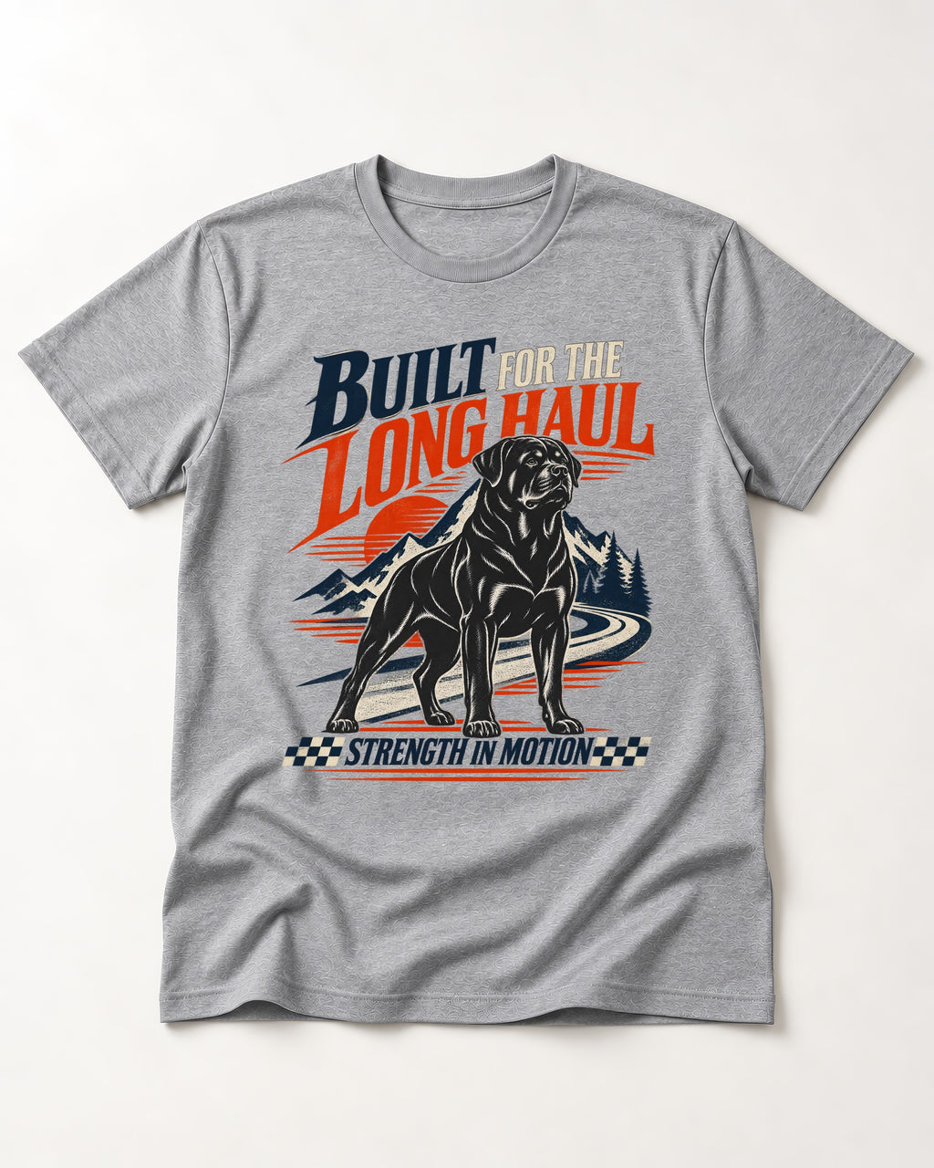 Built for the Long Haul Rottweiler Strength in Motion T-Shirt in Sport Grey, flat lay product photo