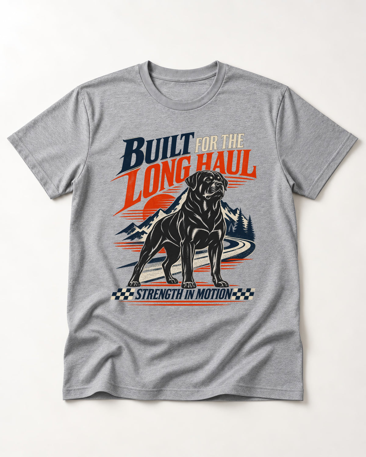 Built for the Long Haul Rottweiler Strength in Motion T-Shirt in Sport Grey, flat lay product photo
