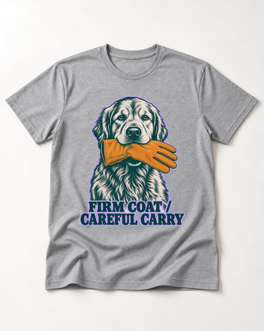 Golden Retriever Firm Coat Careful Carry T-Shirt in Sport Grey, flat lay product photo