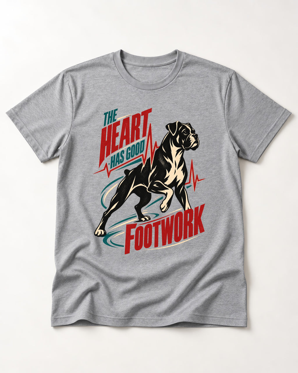 Boxer Heart Has Good Footwork T-Shirt in Sport Grey, flat lay product photo