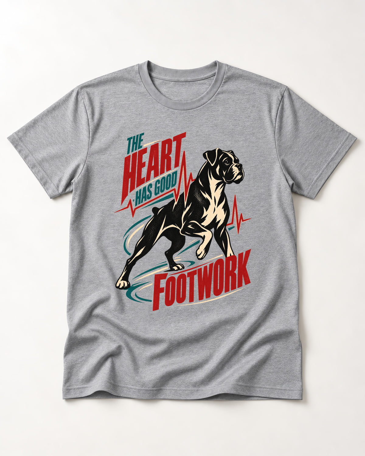 Boxer Heart Has Good Footwork T-Shirt in Sport Grey, flat lay product photo