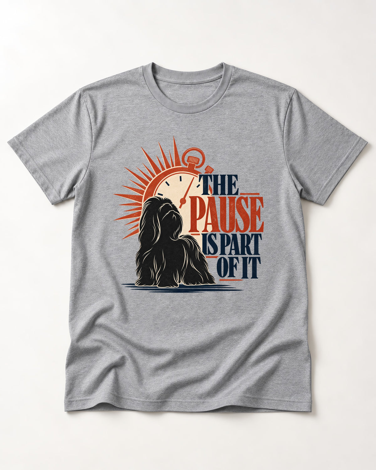 The Shih Tzu Pause T-Shirt in Sport Grey, flat lay product photo