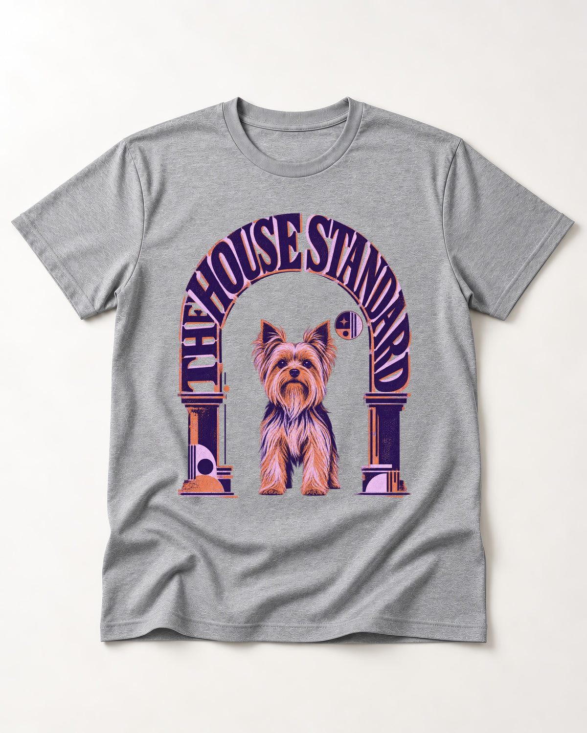 The Yorkshire Terrier House Standard T-Shirt in Sport Grey, flat lay product photo