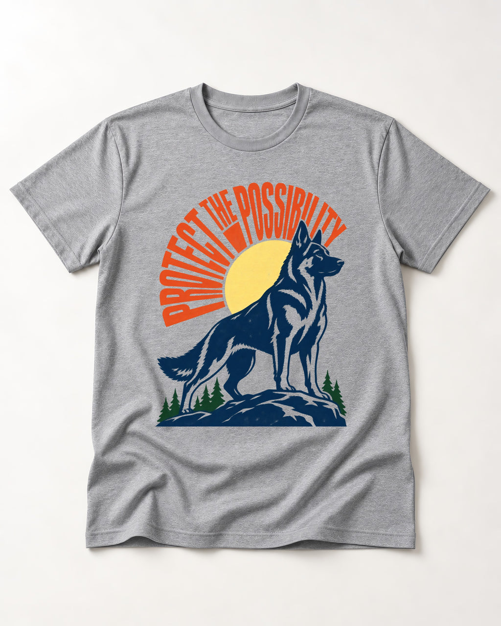 German Shepherd Dog Protect the Possibility T-Shirt in Sport Grey, flat lay product photo
