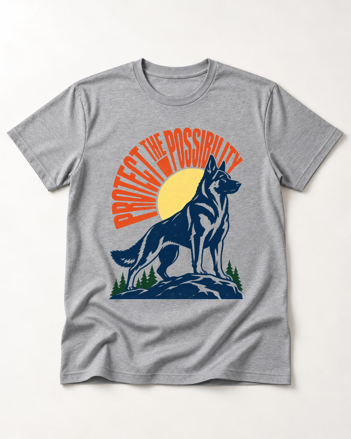 German Shepherd Dog Protect the Possibility T-Shirt in Sport Grey, flat lay product photo