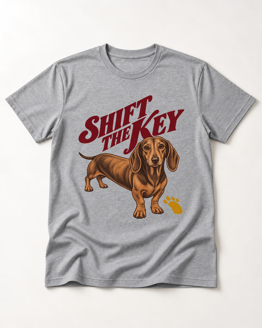 Dachshund Shift The Key Pawprint Graphic T-Shirt in Sport Grey, flat lay product photo