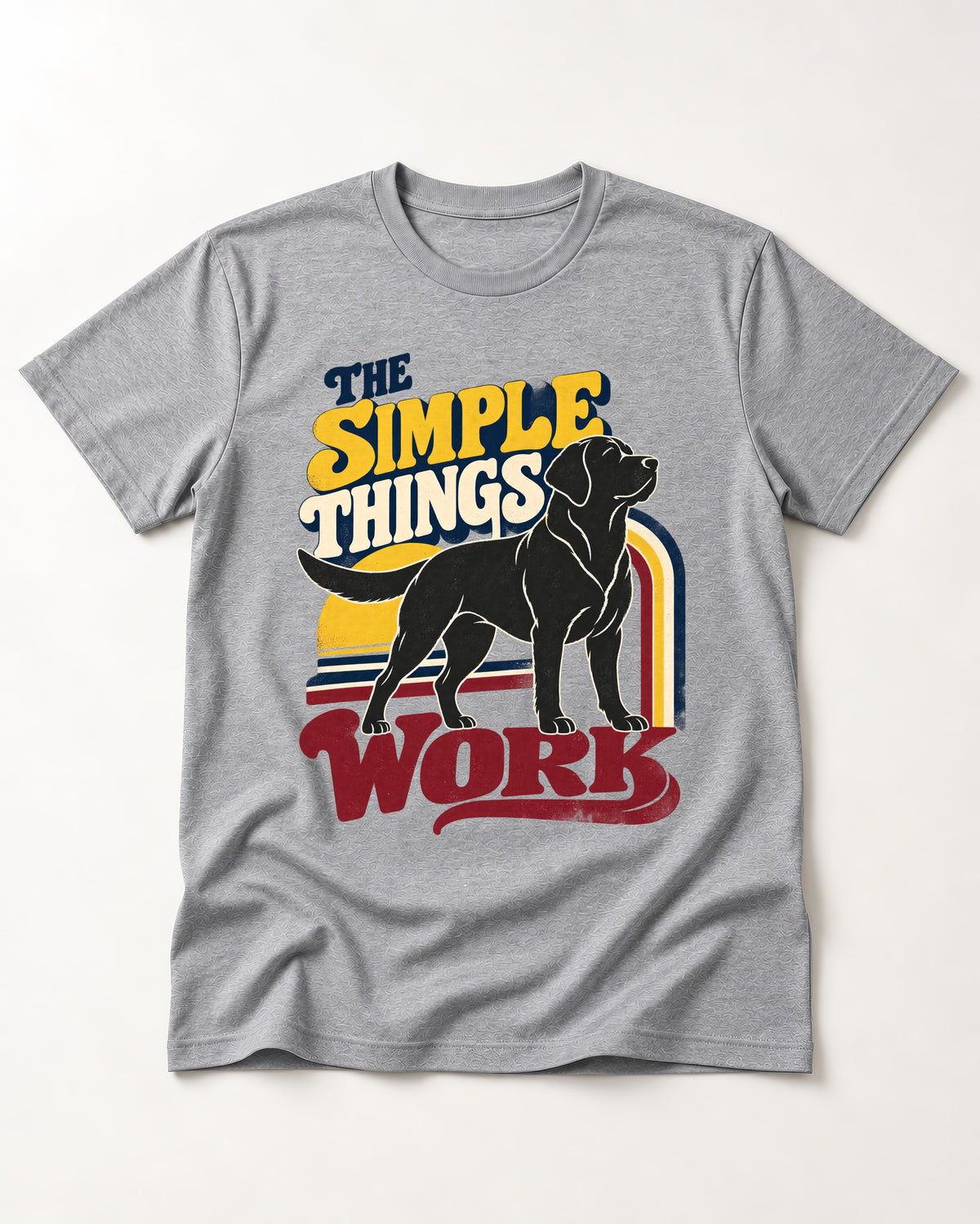 The Simple Things Work Labrador Retriever T-Shirt in Sport Grey, flat lay product photo