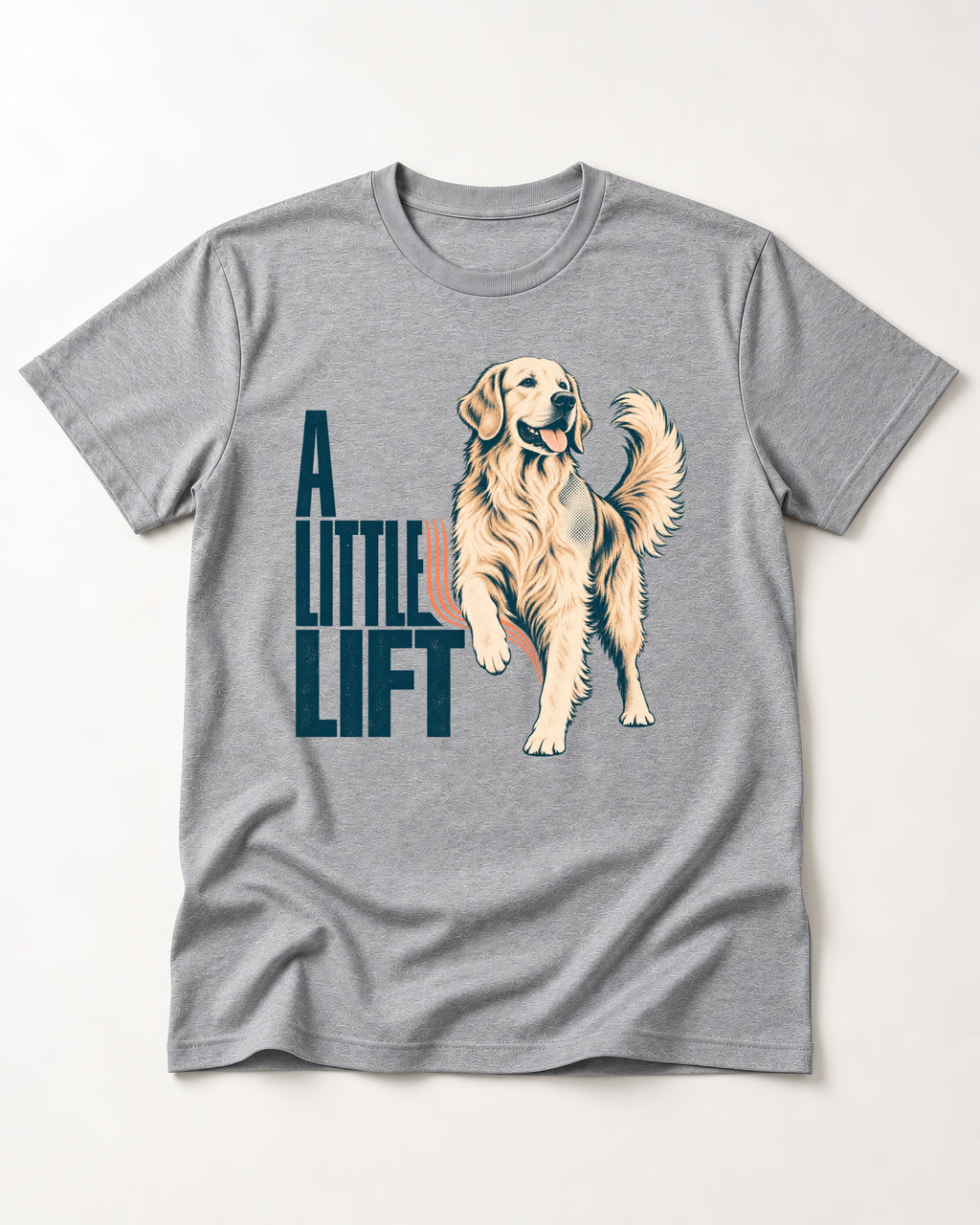 A Little Lift Golden Retriever T-Shirt in Sport Grey, flat lay product photo