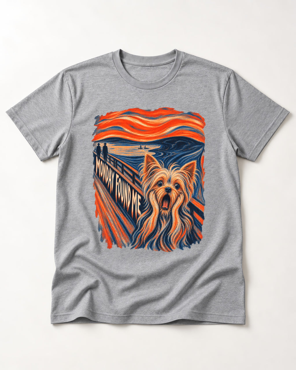 Yorkshire Terrier Monday Found Me Scream Parody Graphic T-Shirt in Sport Grey, flat lay product photo